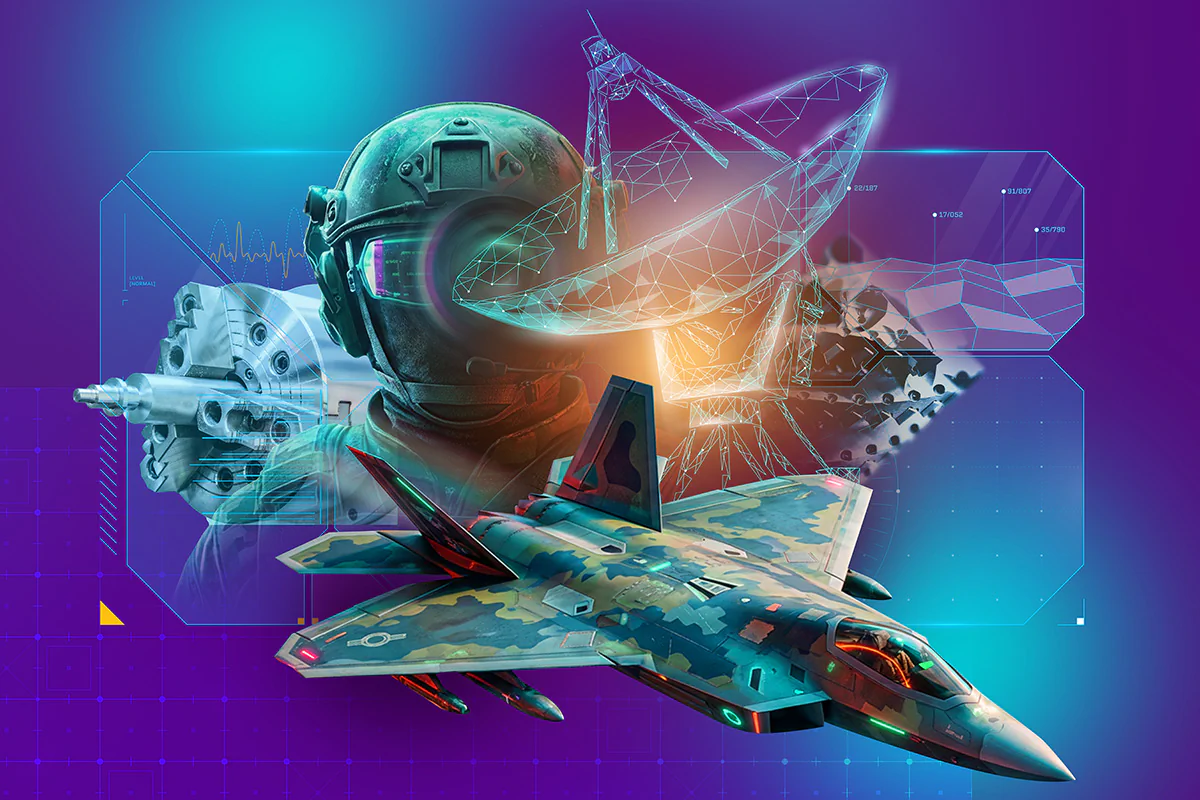 Futuristische Militärcollage mit einem Helm mit Visier, einem Kampfjet im Vordergrund, einer stilisierten Satellitenschüssel und technischen HUD‑Grafiken in Blau‑ und Violetttönen.