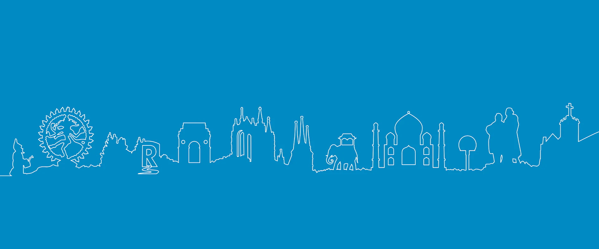 Bildbeschreibung / description: Thüringer Delegationsreise nach Indien 2026. Weiße Skyline auf blauem Grund, die verschiedene Sehenswürdigkeiten Thüringens und Indiens kombiniert darstellt.