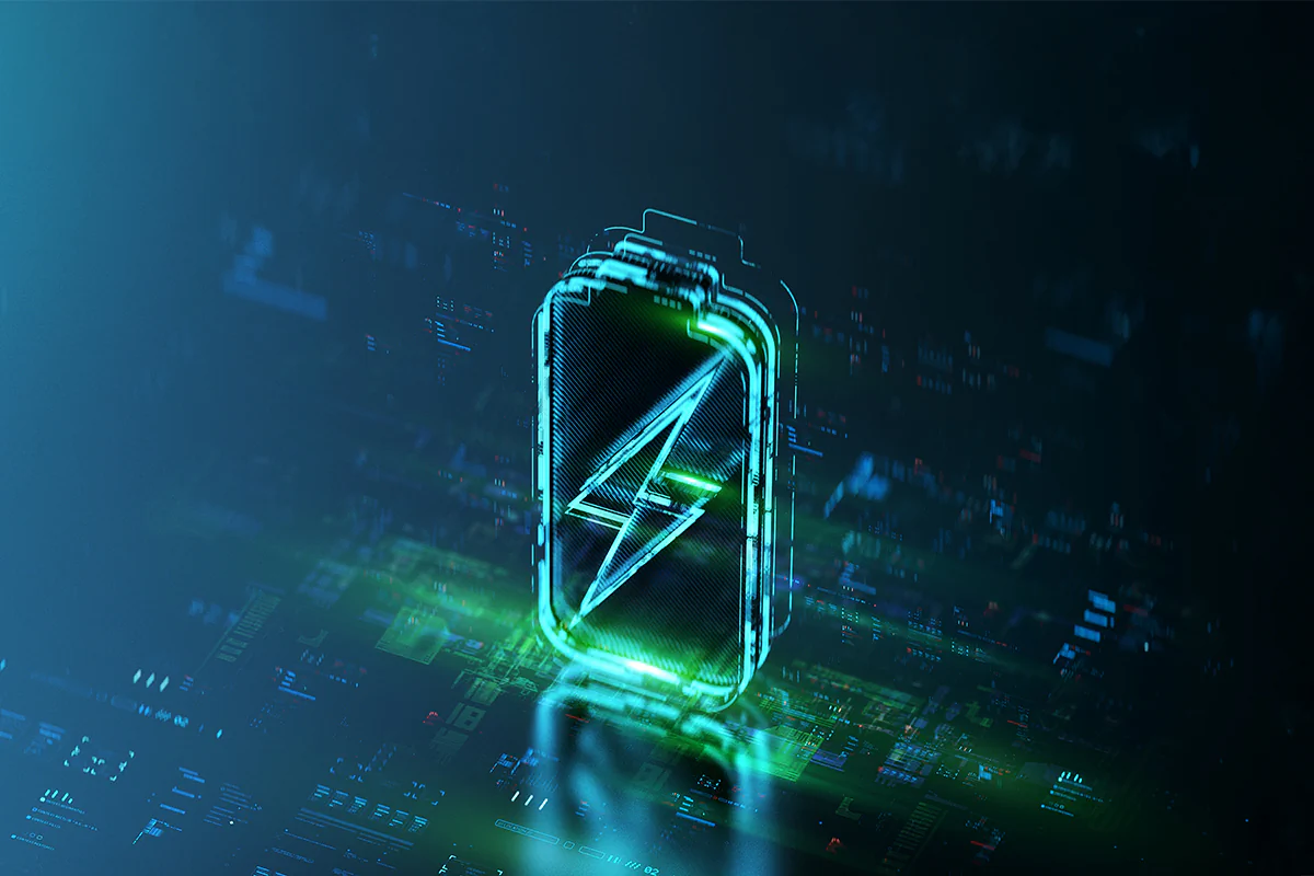 Unternehmensreise nach Nord-Frankreich | Bild: da-kuk / istockphoto.com Digitales Batteriehologramm auf futuristischem Tech-Hintergrund