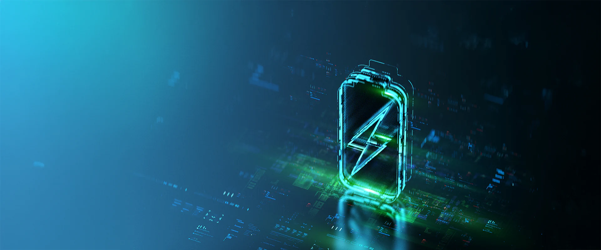 Bildbeschreibung / description: Digitales Batteriehologramm auf futuristischem Tech-Hintergrund