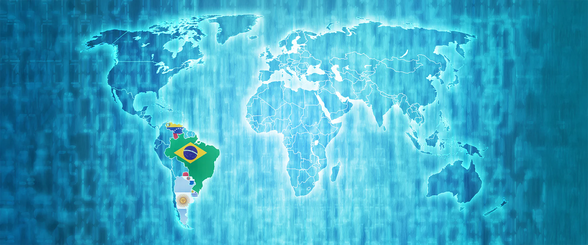 Bildbeschreibung / description: Weltkarte, auf der die Länder Südamerikas mit ihrer jeweiligen Flagge befüllt sind